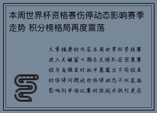 本周世界杯资格赛伤停动态影响赛季走势 积分榜格局再度震荡